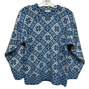 Vintage Knit Force Blue & White Snowflake Diamond Christmas Holiday Sweater L